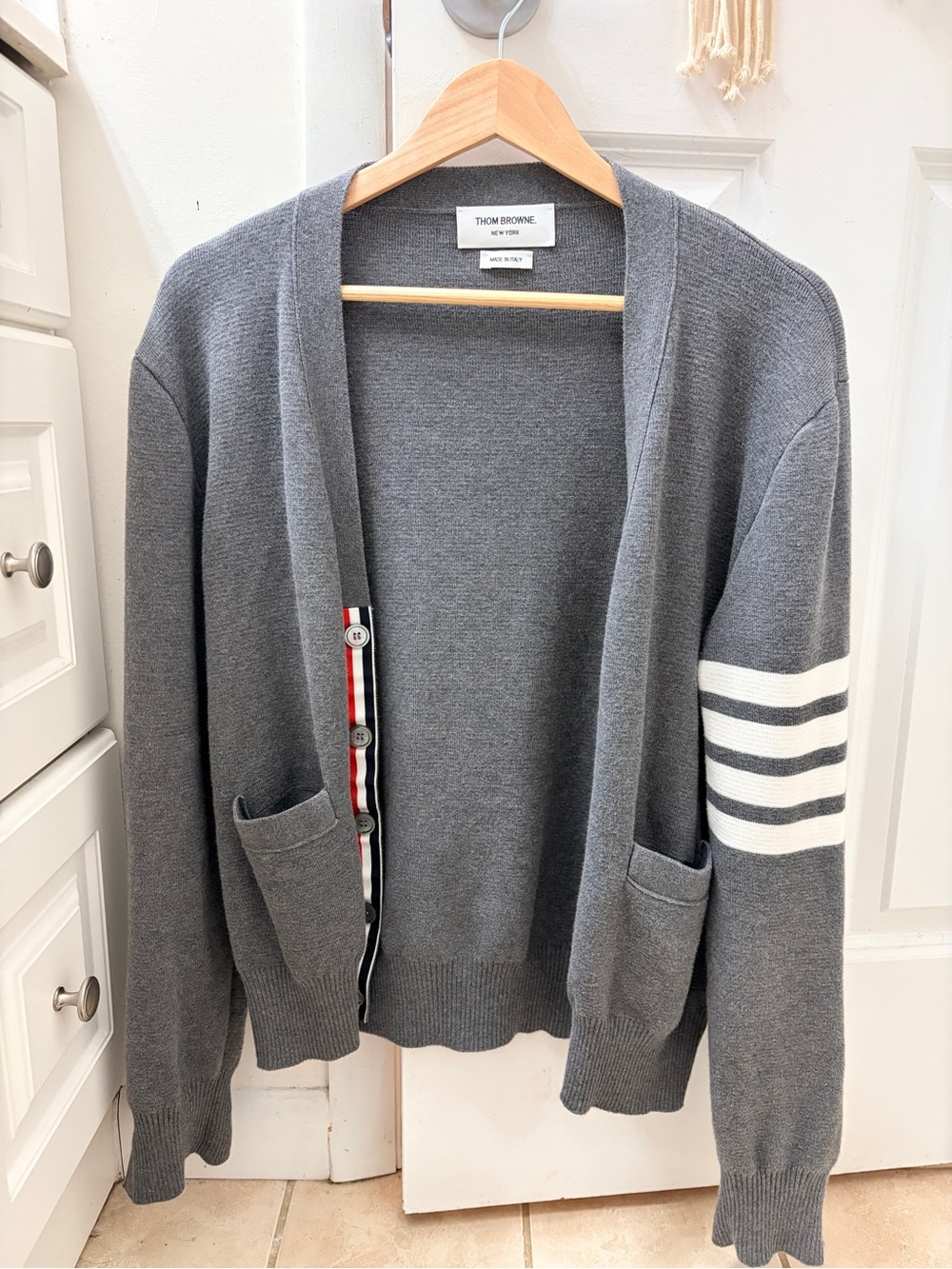 Thom Browne Gray Knit Cardigan with Sleeve Stripes